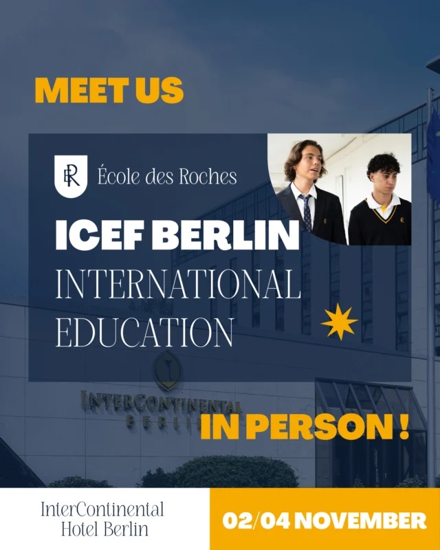 From Normandy to Berlin — ready to meet, share and inspire 🇩🇪

École des Roches will be attending ICEF Berlin 2025, from November 2 to 4, held at the InterContinental Berlin. Our Head of FLE Programme, Catherine, and Head of Admissions & Communications, Delphine, will be there to meet schools, agents and partners from around the world, and to present our FLE and IB programmes to an international audience.

See you in Berlin — let’s connect and explore what’s next in global education!